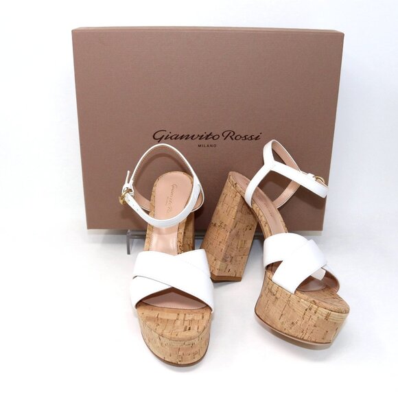 Gianvito Rossi 37.5 NEW With Box Nappa White Leather & Cork Bebe Sandal Heels - Picture 2 of 13